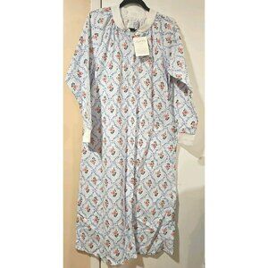 Lanz of Salzburg Red Rose Long Flannel Blue Nightgown Small Cottagecore Floral